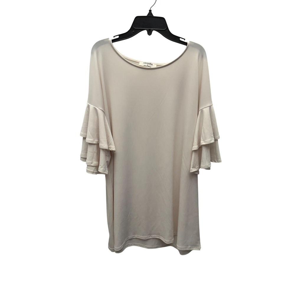 Zenana Womens Off White Oversized‎ Ruffle Sleeve Scoop Neck Shirt